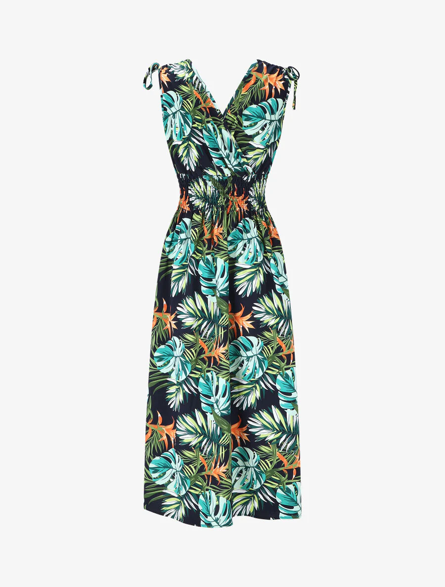 Robe longue élastiquée imprimé tropical - Vert - Image 2
