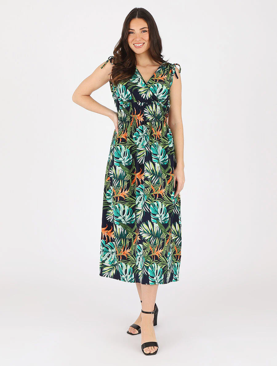 Robe longue élastiquée imprimé tropical - Vert - Image 4