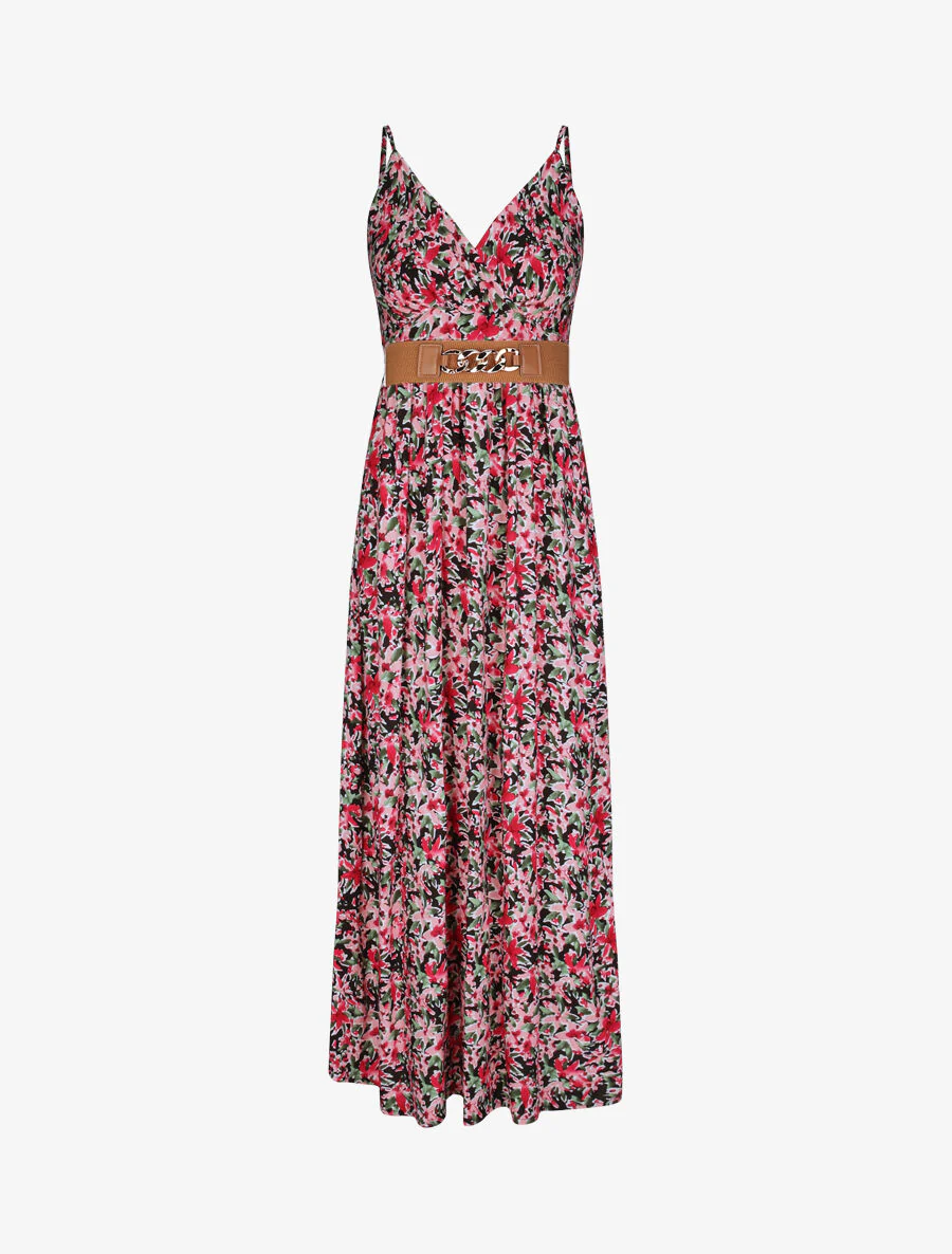 Robe longue empire à bretelles et imprimé fleurs abstraites - Noir