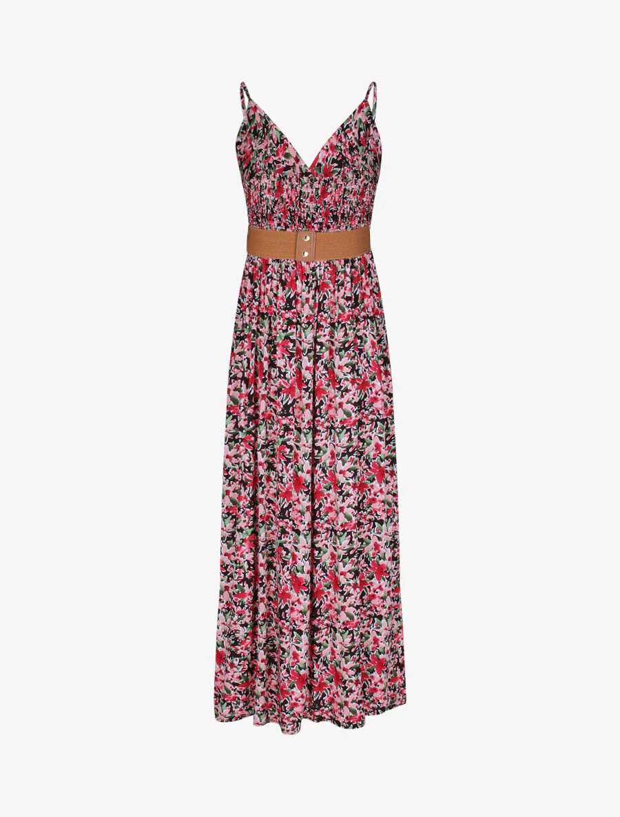Robe longue empire à bretelles et imprimé fleurs abstraites - Noir - Image 2