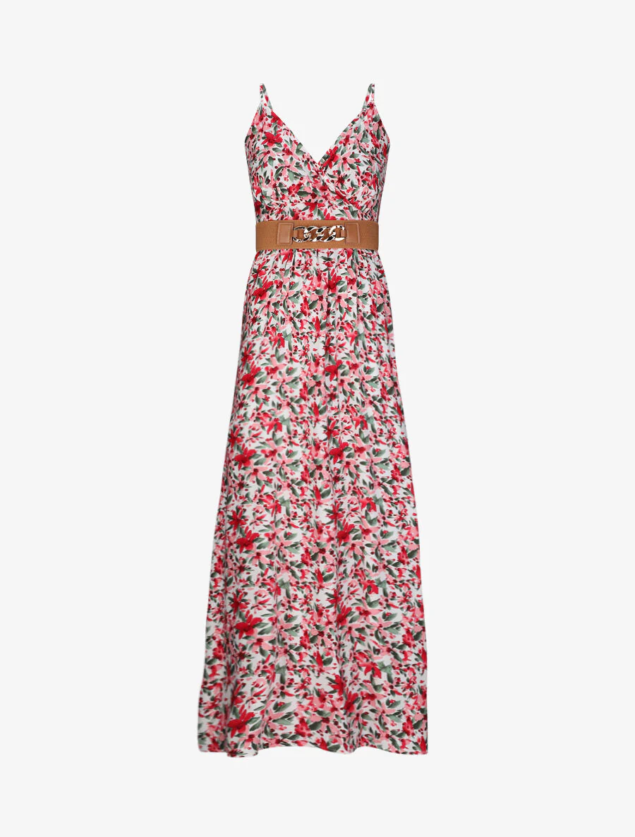 Robe longue empire à bretelles et imprimé fleurs abstraites - Blanc
