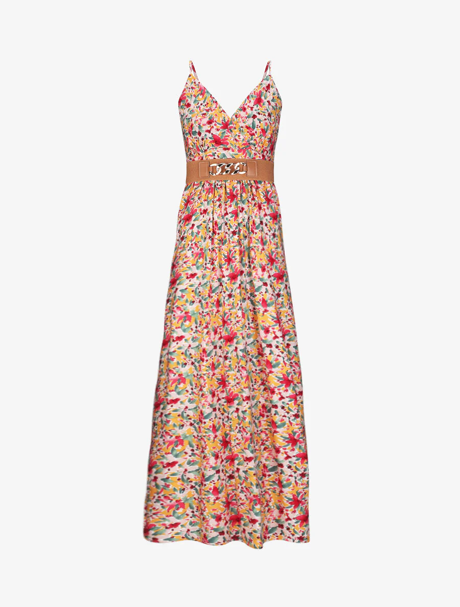Robe longue empire à bretelles et imprimé fleurs abstraites - Orange - Image 2