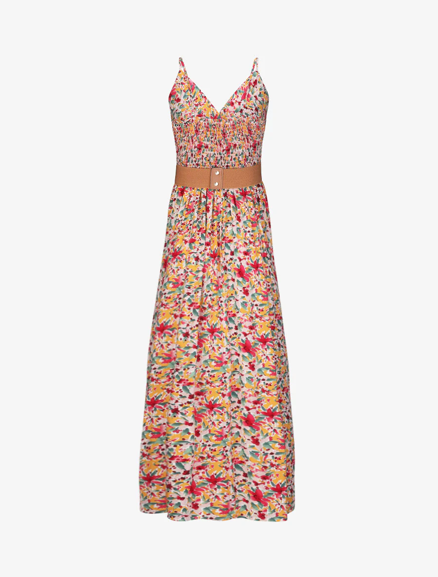 Robe longue empire à bretelles et imprimé fleurs abstraites - Orange - Image 3