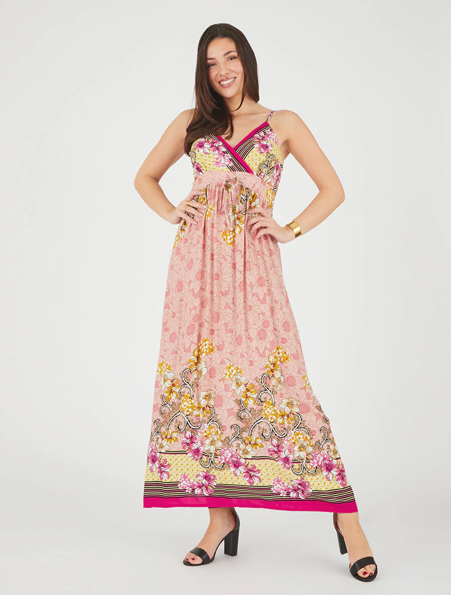 Robe longue empire à bretelles imprimé floral - Rose - Image 4