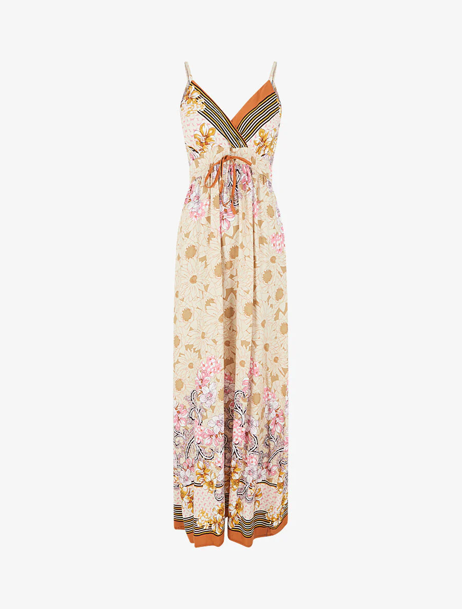 Robe longue empire à bretelles imprimé floral - Beige