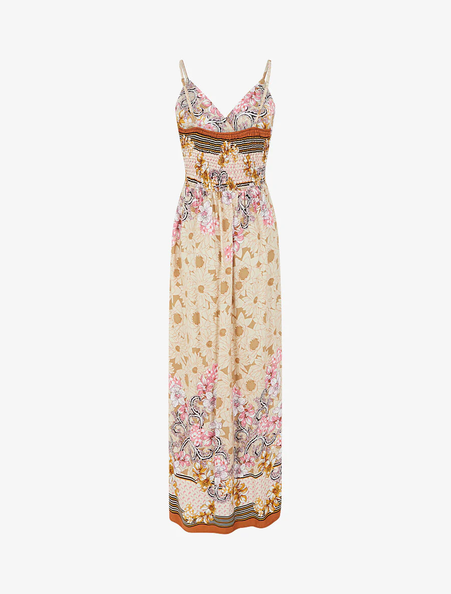 Robe longue empire à bretelles imprimé floral - Beige - Image 2