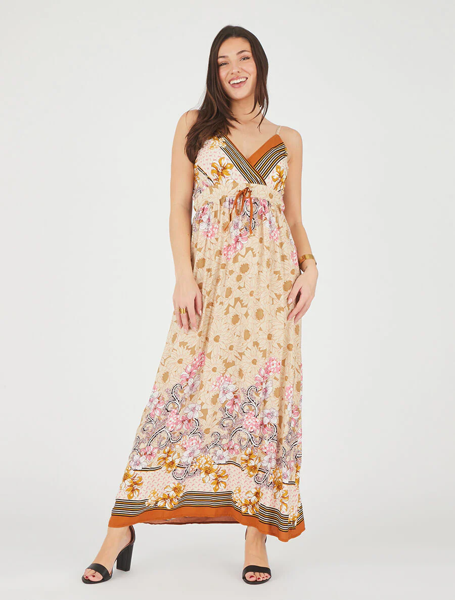 Robe longue empire à bretelles imprimé floral - Beige - Image 4