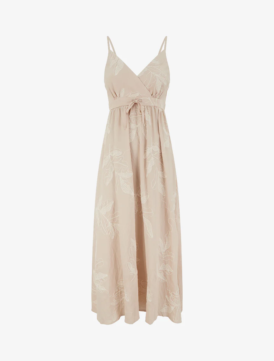 Robe longue empire à broderies feuilles stylisées - Beige