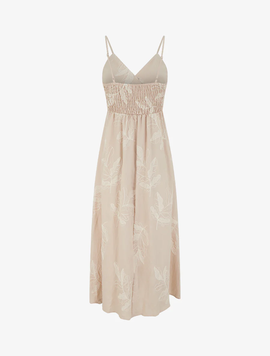 Robe longue empire à broderies feuilles stylisées - Beige - Image 2
