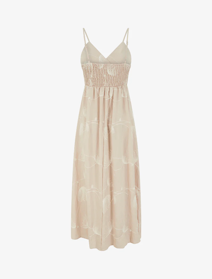 Robe longue empire à broderies végétales - Beige - Image 2