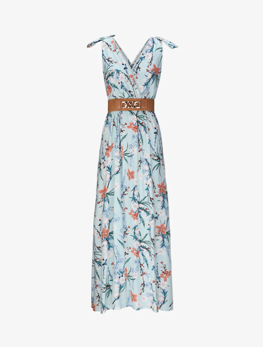 Robe longue empire à col cache-coeur imprimé bouquet fleuri - Bleu clair - Image 2