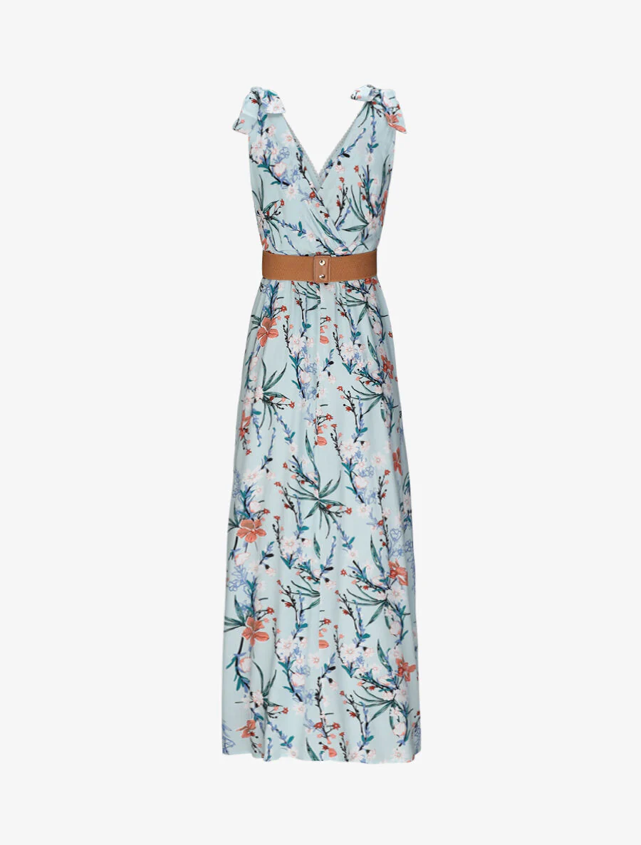 Robe longue empire à col cache-coeur imprimé bouquet fleuri - Bleu clair - Image 3