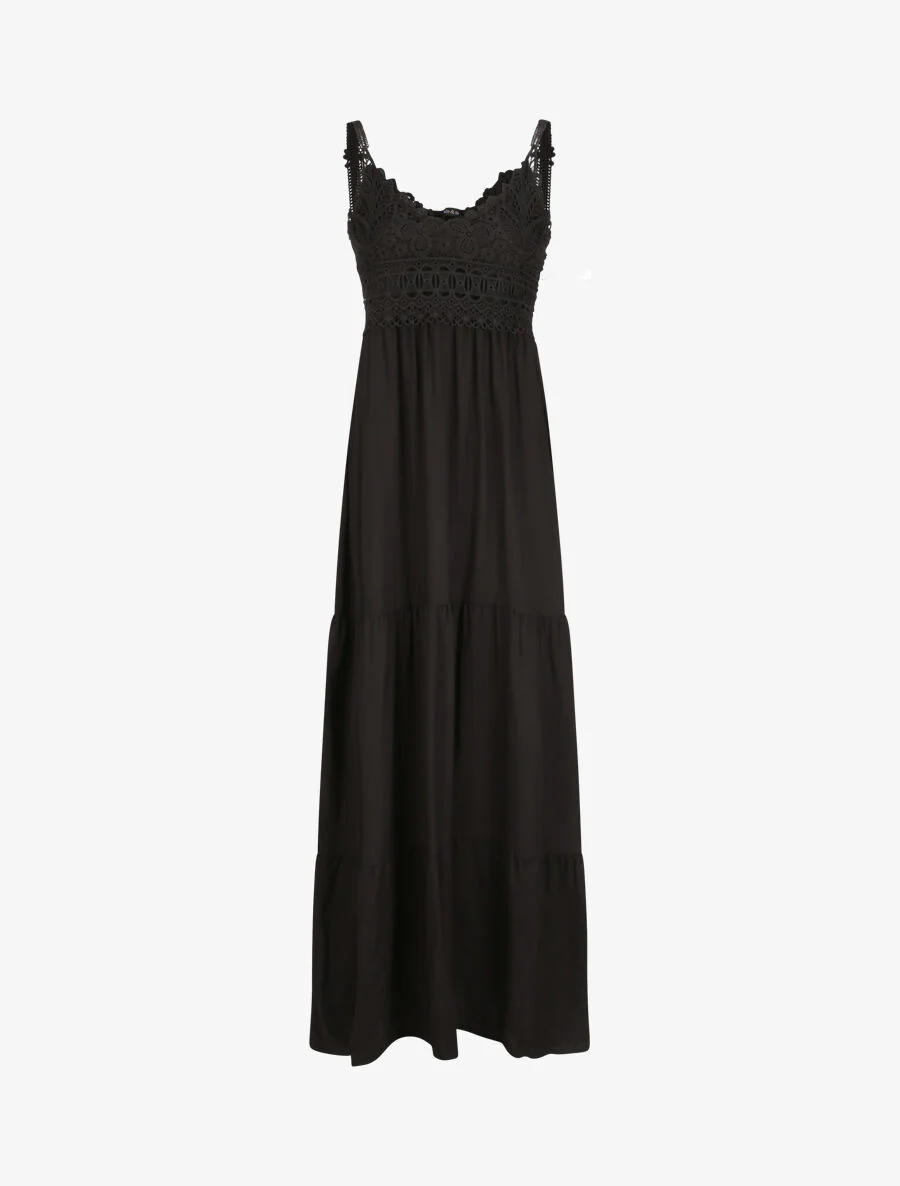 Robe longue empire à col V en dentelle - Noir