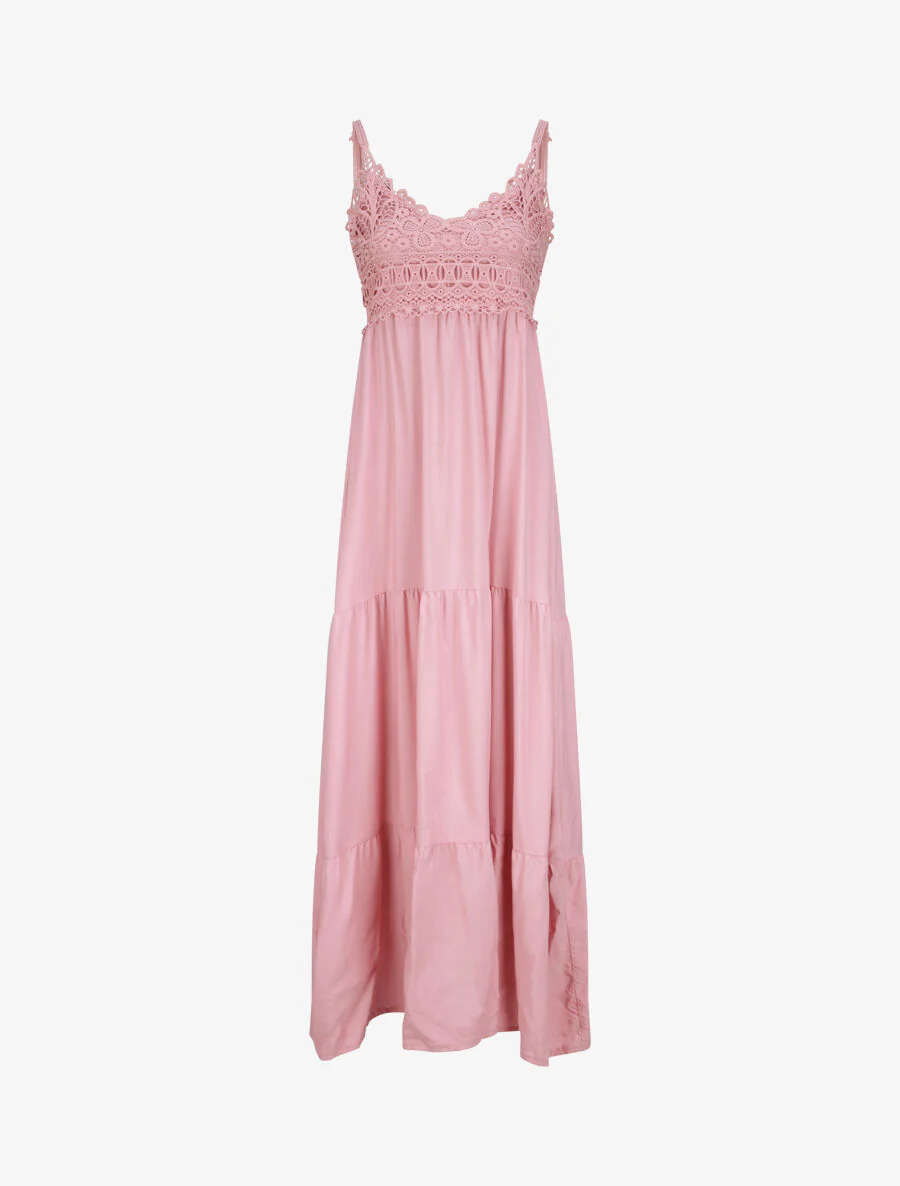 Robe longue empire à col V en dentelle - Rose