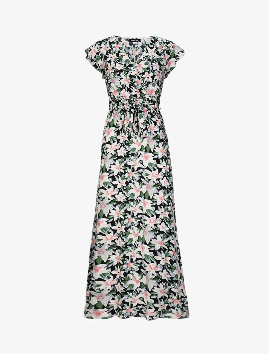 Robe longue empire à épaules volantées imprimé aquarelle florale - Noir