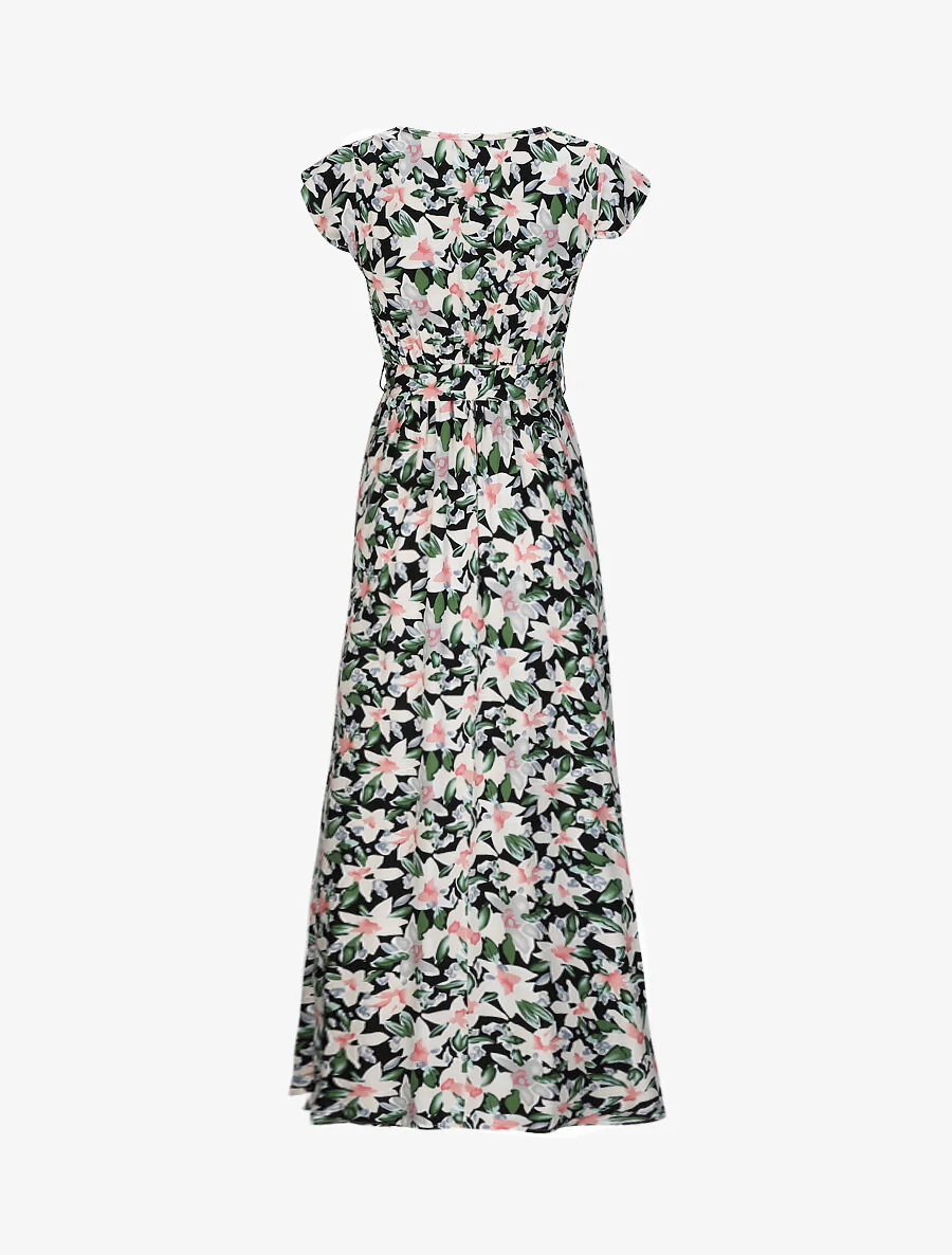 Robe longue empire à épaules volantées imprimé aquarelle florale - Noir - Image 2