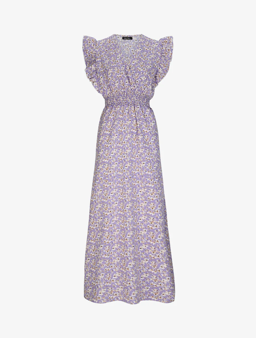 Robe longue empire à épaules volantées imprimé fleurs de cerisier - Lilas