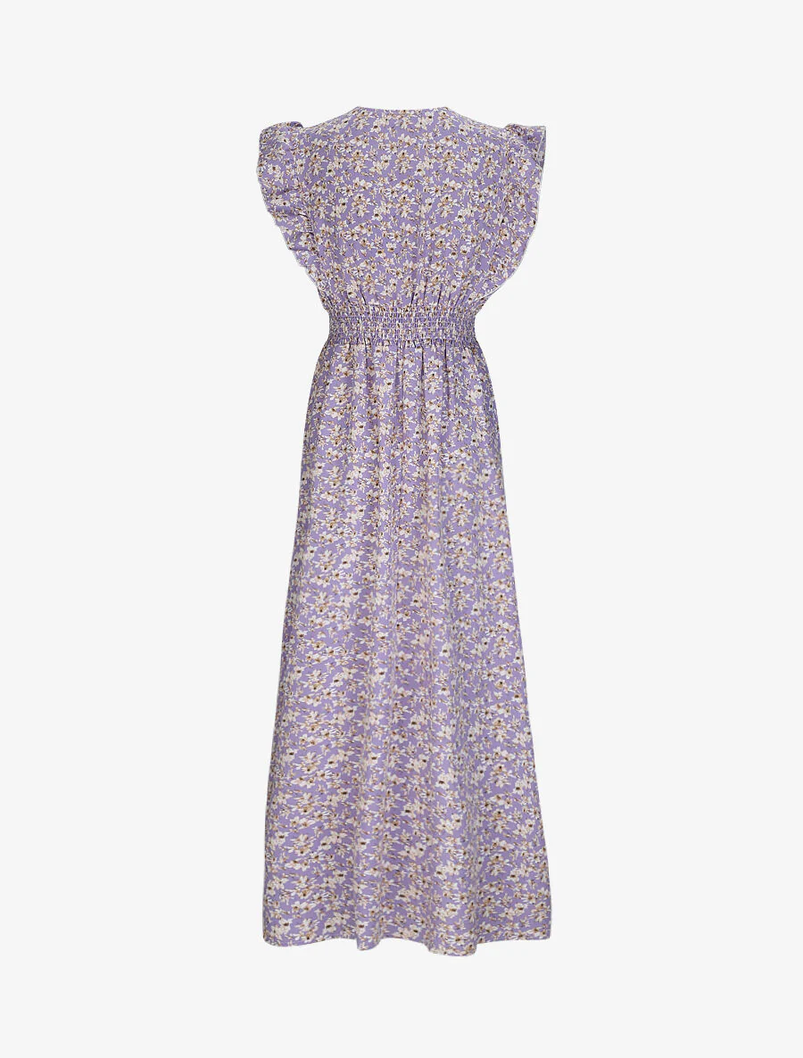 Robe longue empire à épaules volantées imprimé fleurs de cerisier - Lilas - Image 2