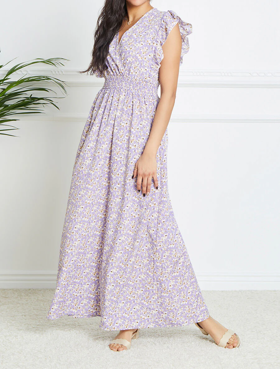 Robe longue empire à épaules volantées imprimé fleurs de cerisier - Lilas - Image 4