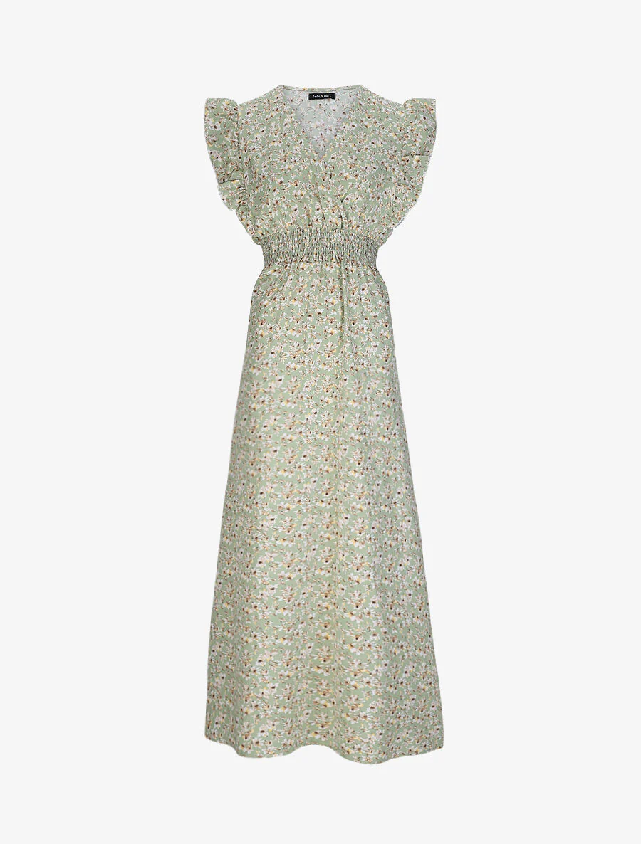Robe longue empire à épaules volantées imprimé fleurs de cerisier - Vert