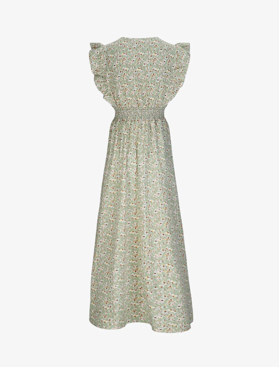 Robe longue empire à épaules volantées imprimé fleurs de cerisier - Vert - Image 2