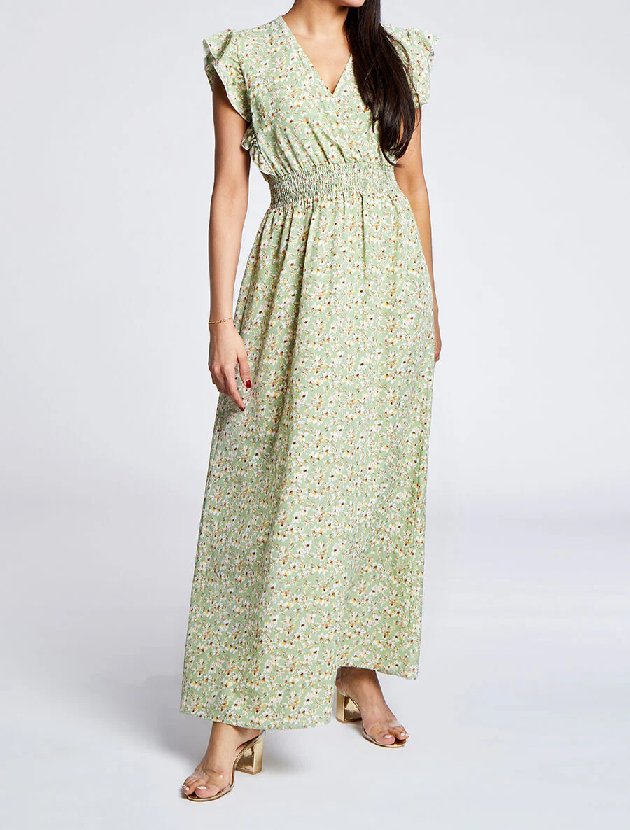 Robe longue empire à épaules volantées imprimé fleurs de cerisier - Vert - Image 4