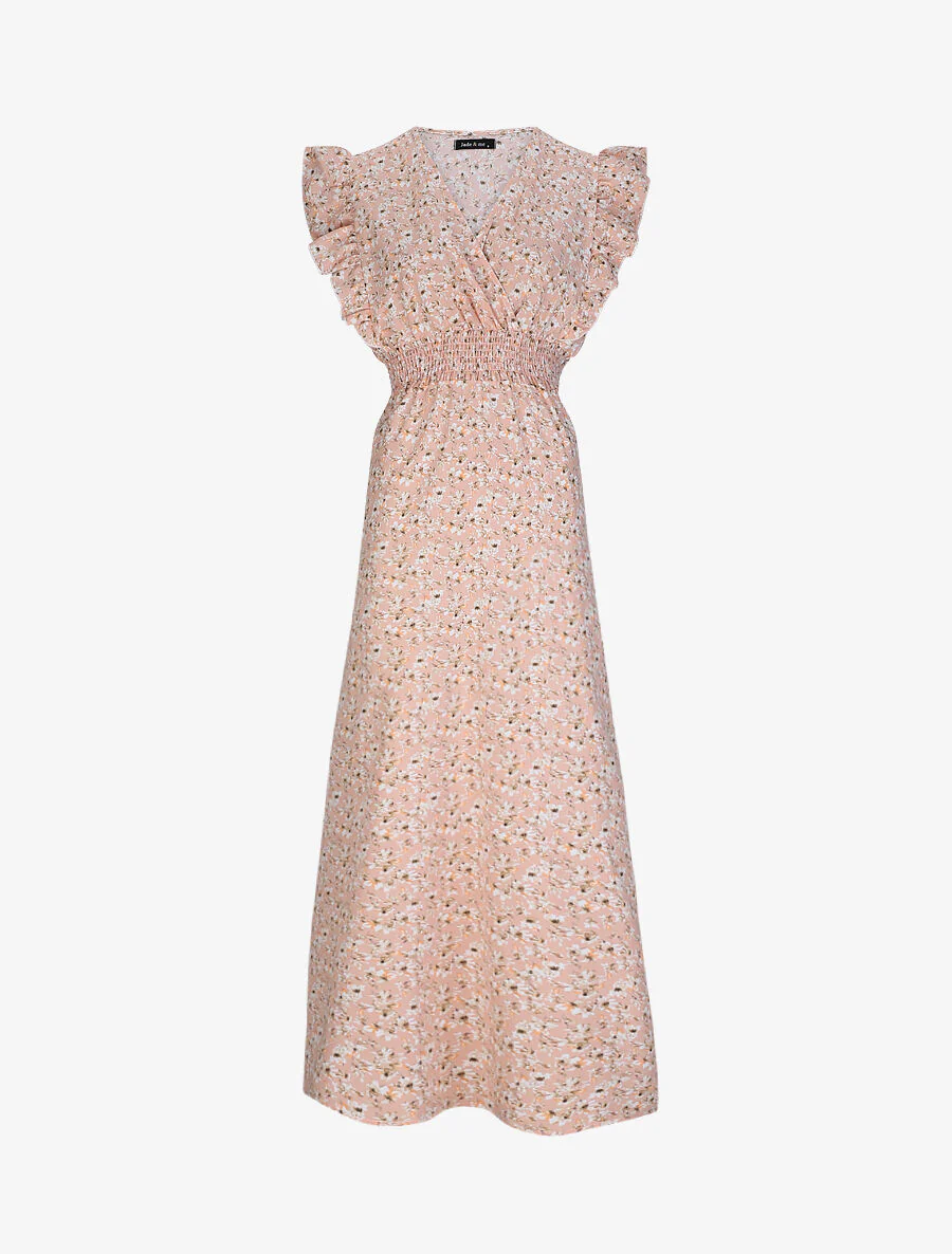 Robe longue empire à épaules volantées imprimé fleurs de cerisier - Rose