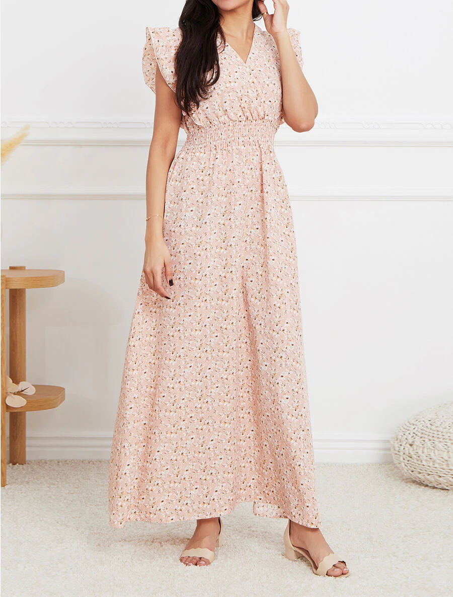 Robe longue empire à épaules volantées imprimé fleurs de cerisier - Rose - Image 4
