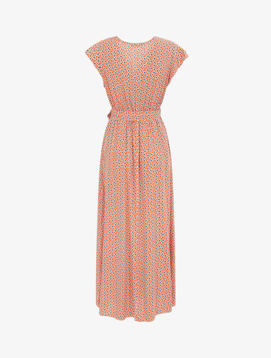 Robe longue empire à épaules volantées imprimé marguerites stylisées - Orange - Image 2