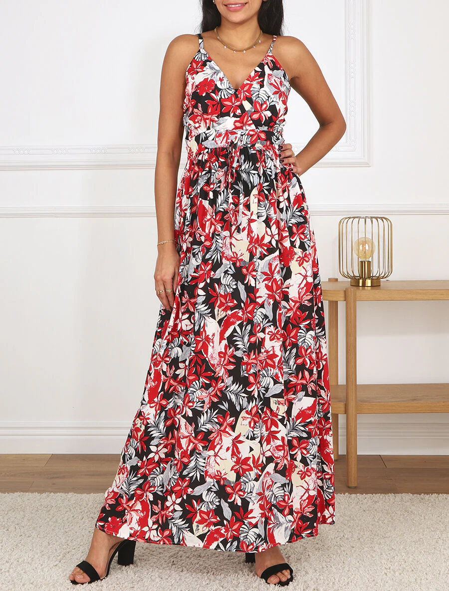 Robe longue empire à imprimé fleurs - Noir - Image 4