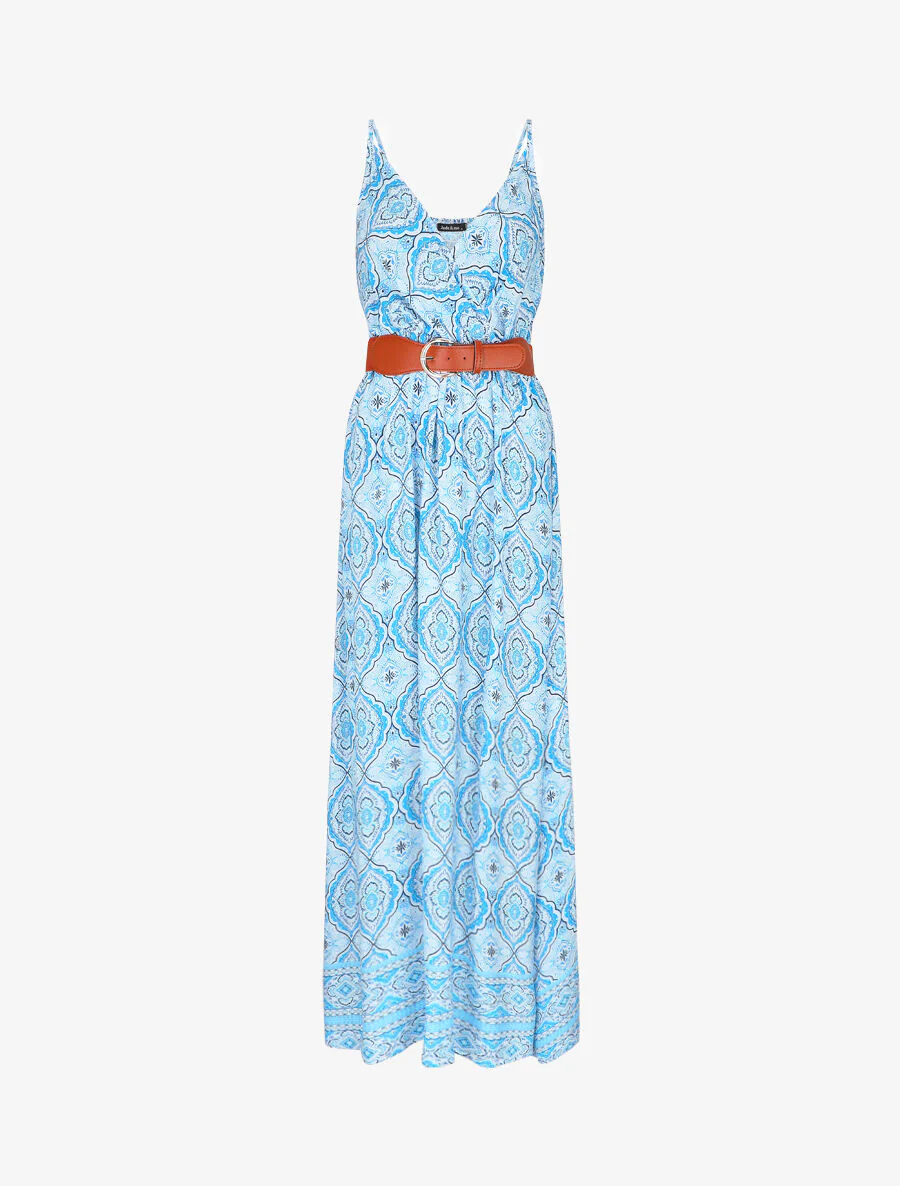 Robe longue empire à imprimé foulard - Bleu