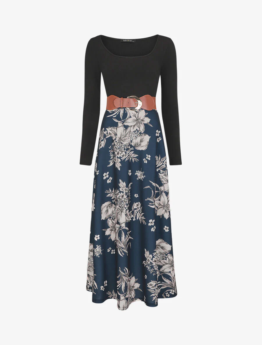 Robe longue empire à jupe fleurie - Marine