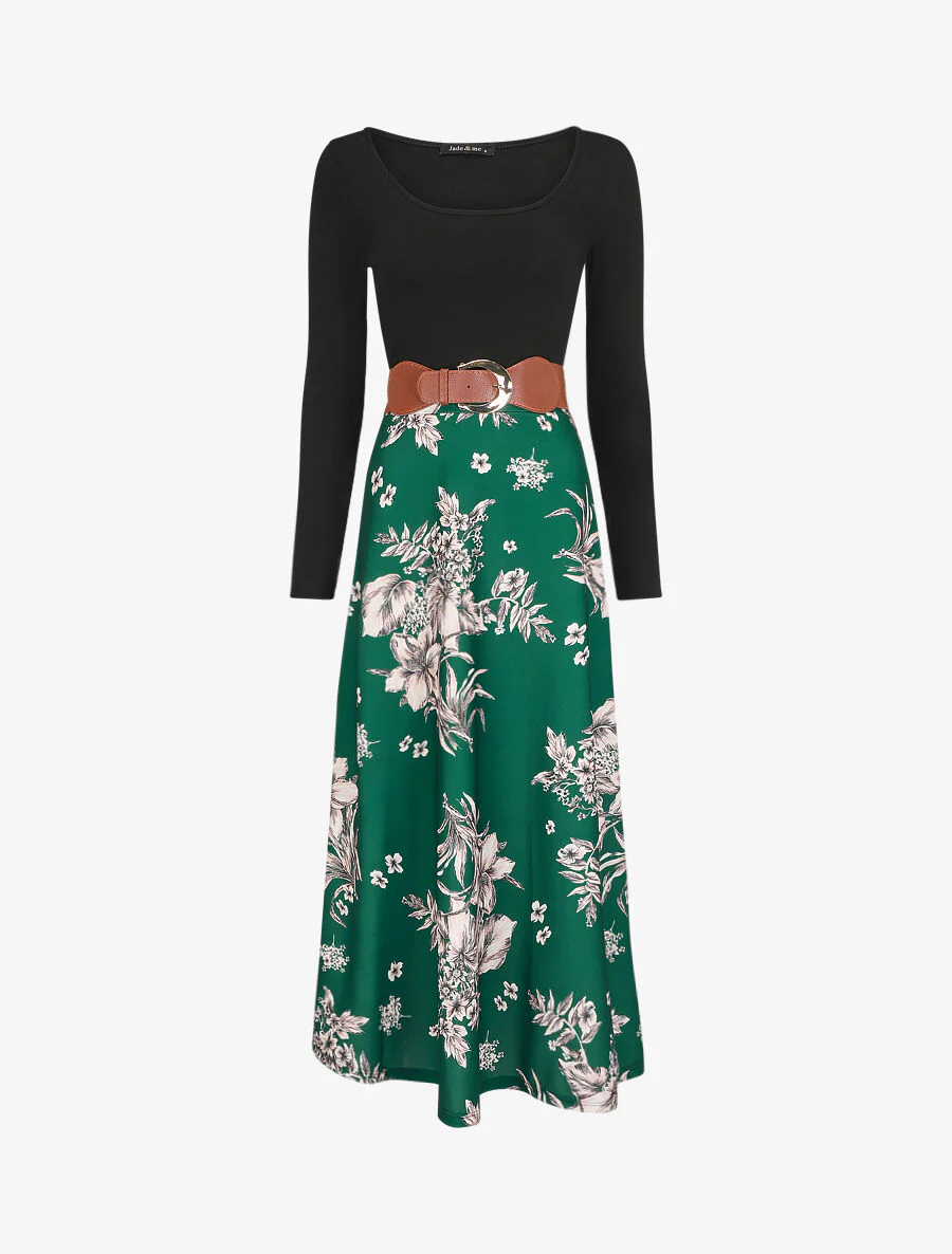 Robe longue empire à jupe fleurie - Vert