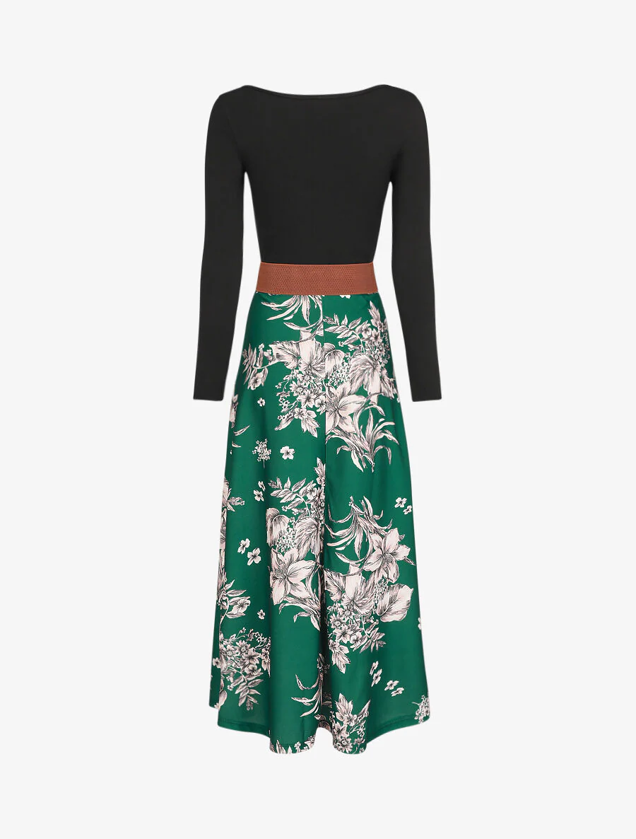 Robe longue empire à jupe fleurie - Vert - Image 2