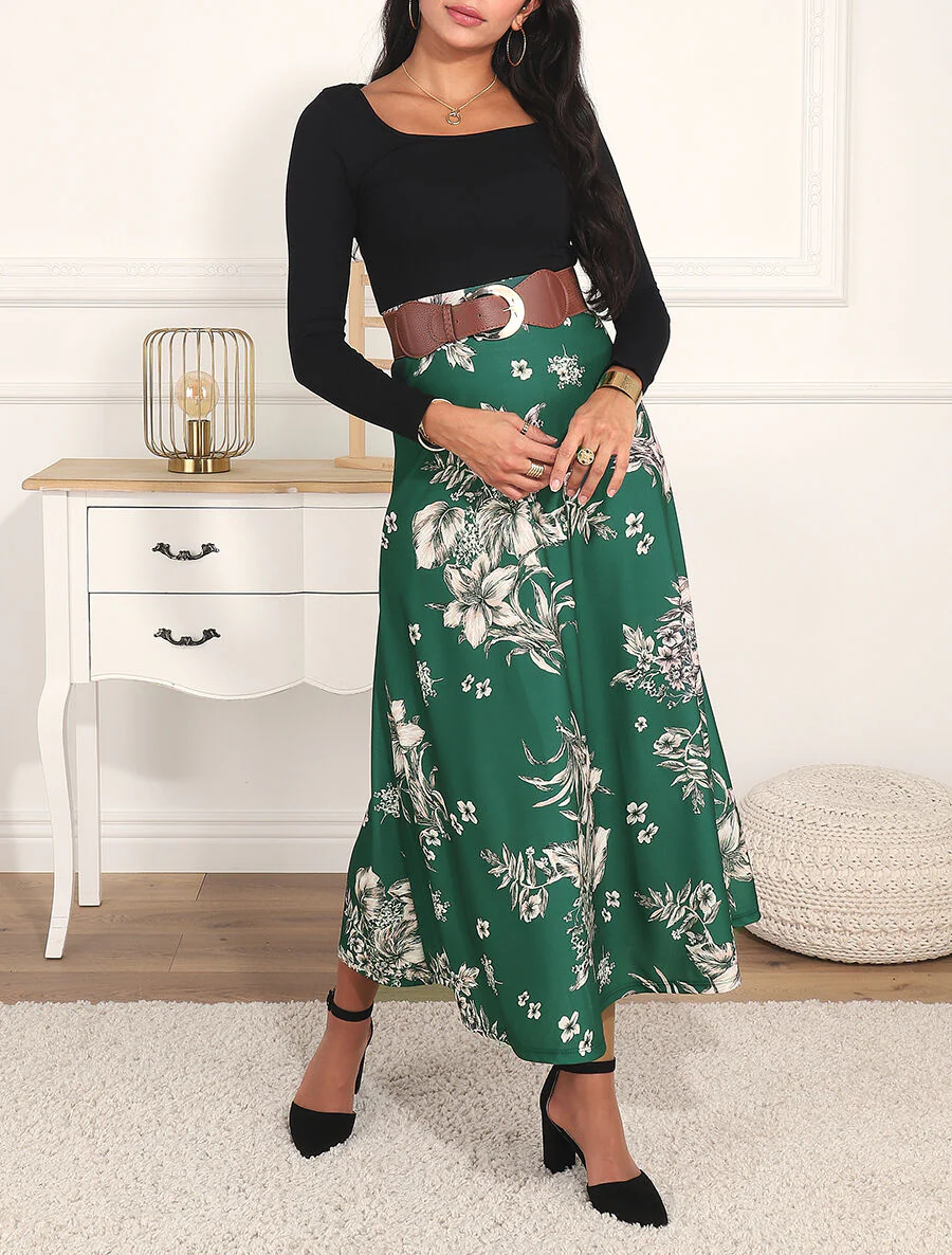 Robe longue empire à jupe fleurie - Vert - Image 4