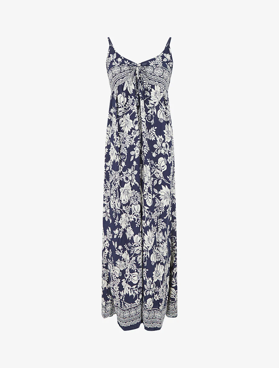 Robe longue empire à liens imprimé à fleurs - Marine