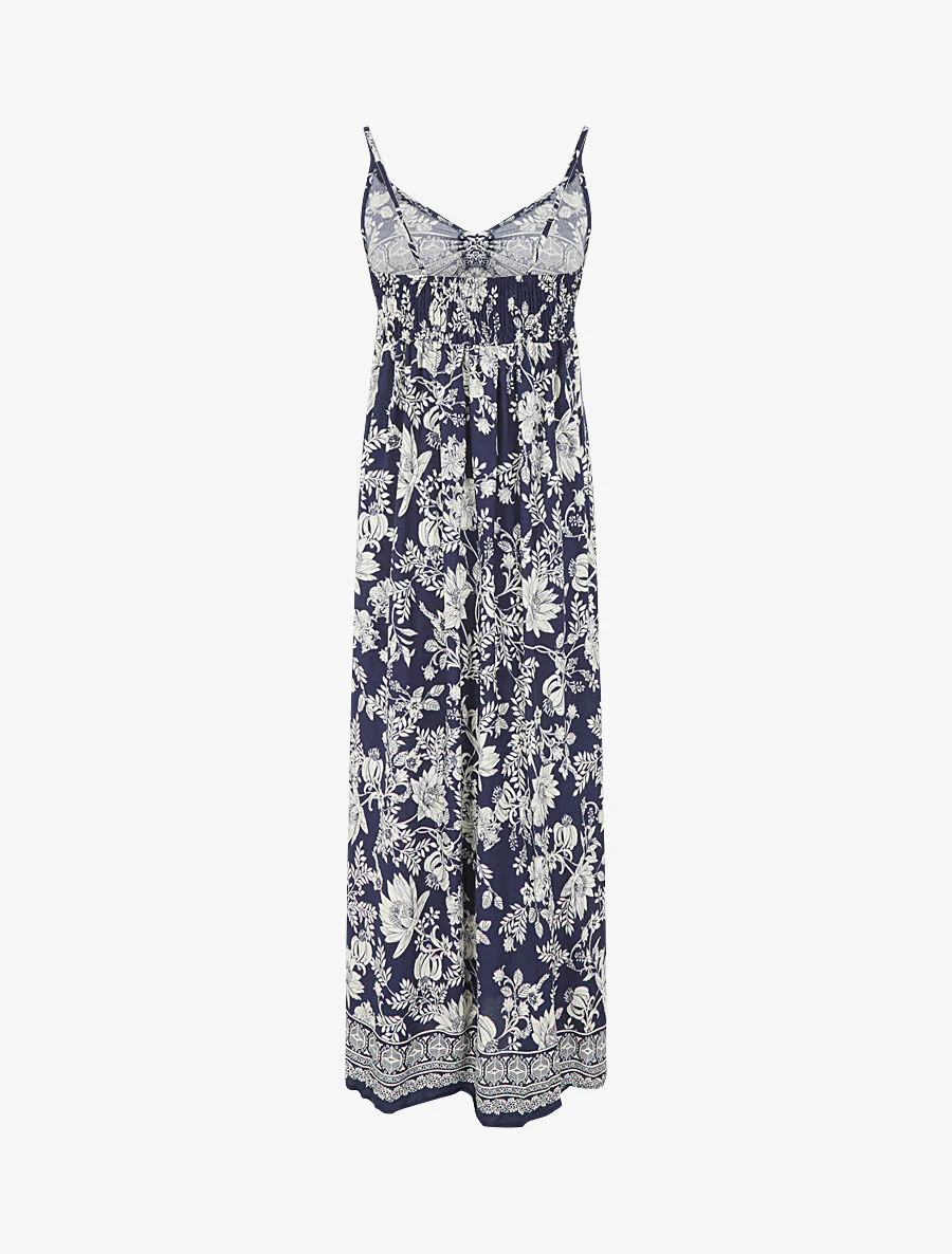 Robe longue empire à liens imprimé à fleurs - Marine - Image 2