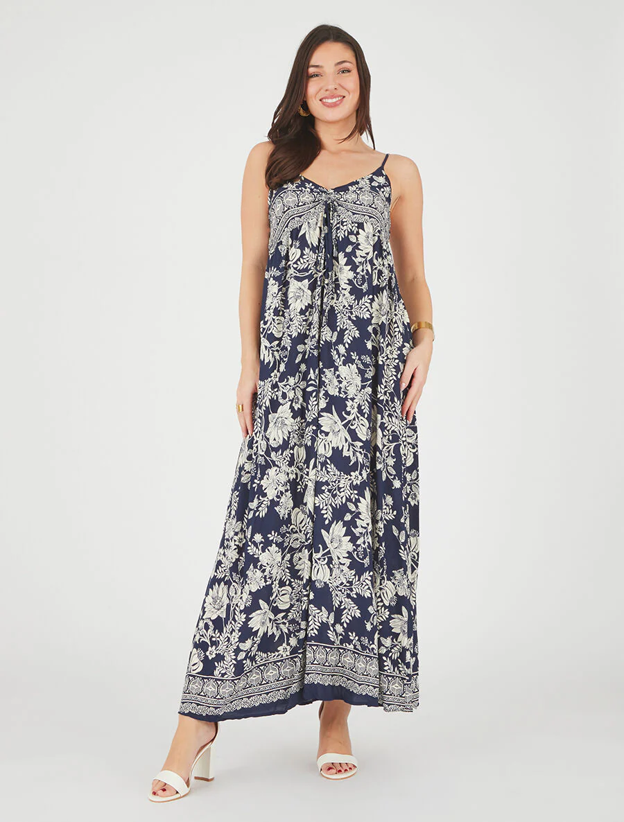 Robe longue empire à liens imprimé à fleurs - Marine - Image 4