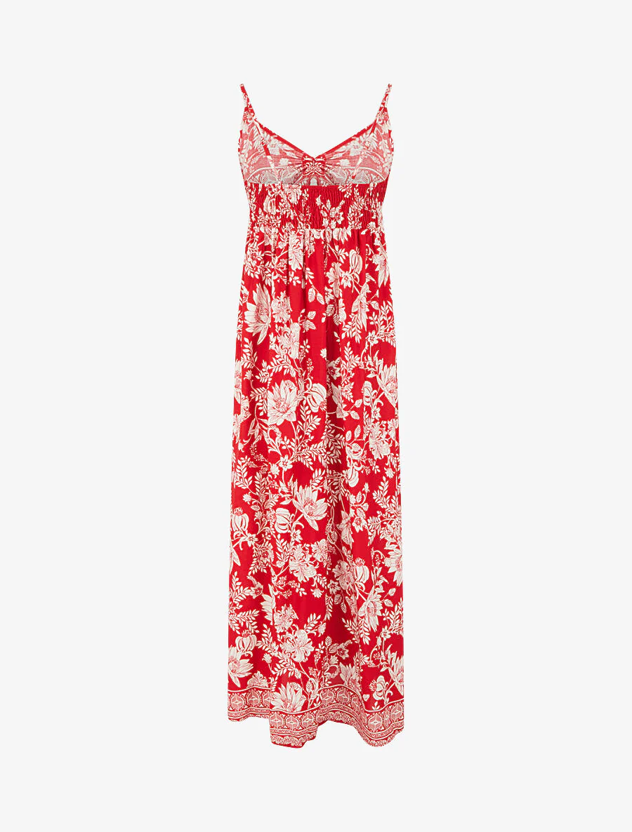 Robe longue empire à liens imprimé à fleurs - Rouge - Image 2