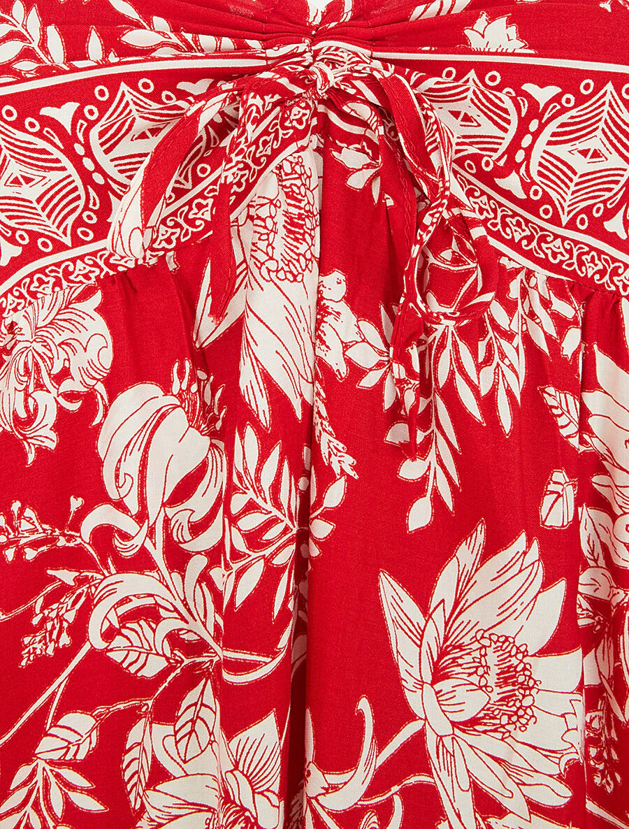 Robe longue empire à liens imprimé à fleurs - Rouge - Image 3