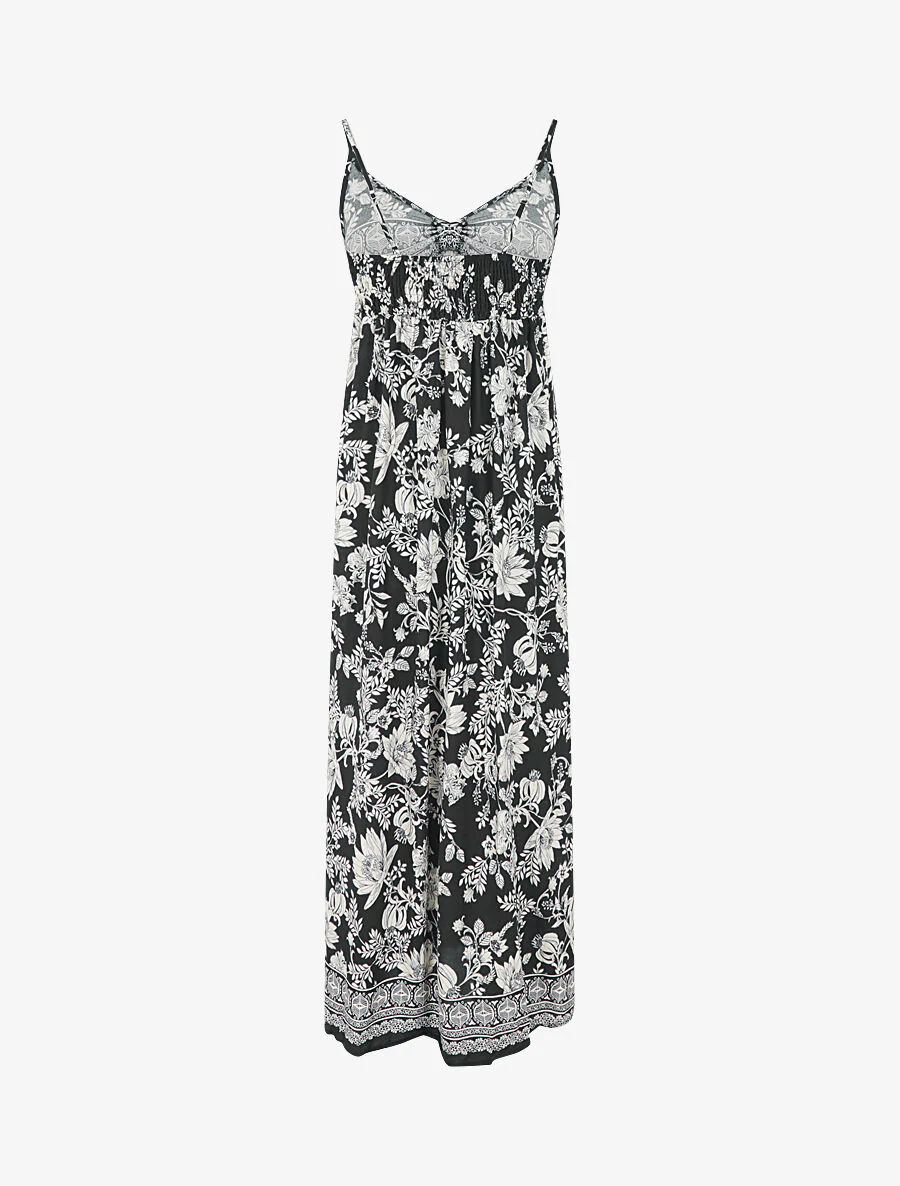 Robe longue empire à liens imprimé à fleurs - Noir - Image 2