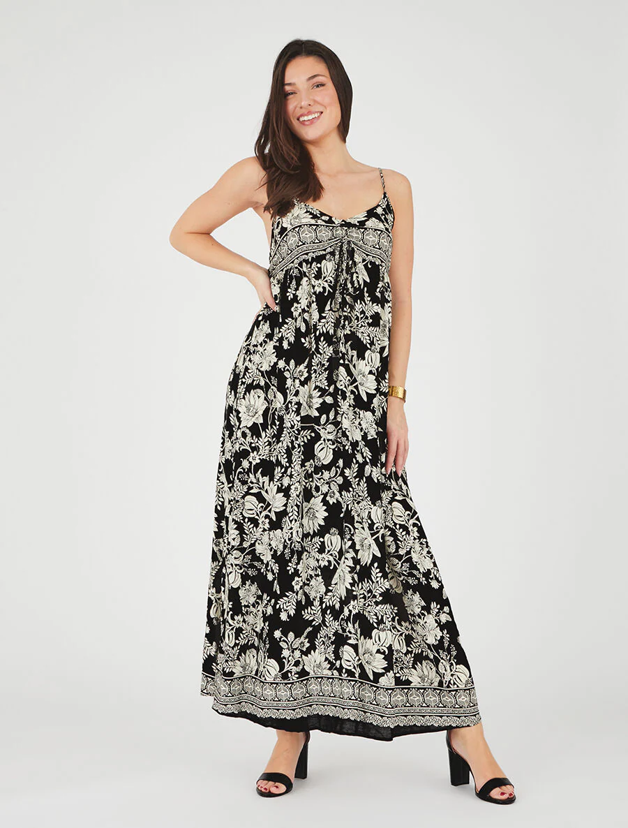 Robe longue empire à liens imprimé à fleurs - Noir - Image 4