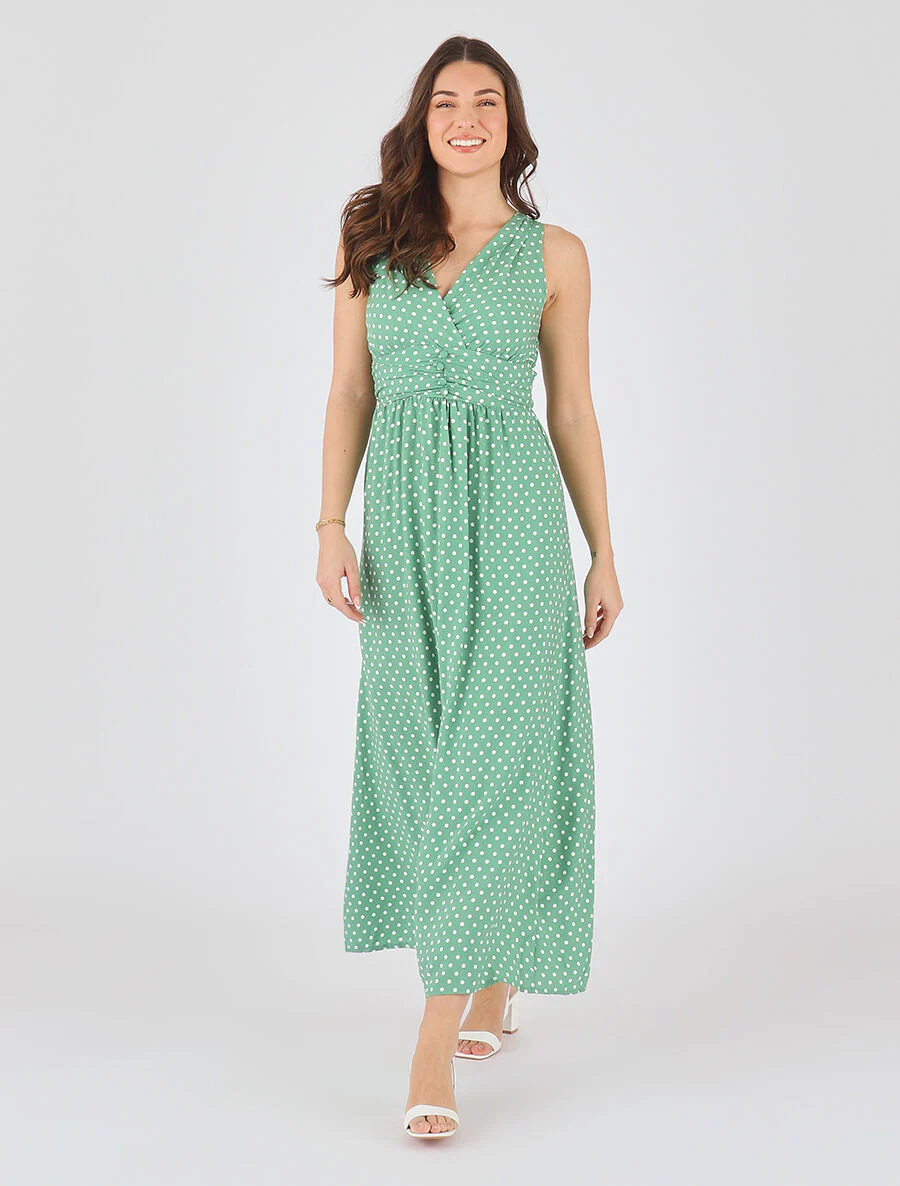 Robe longue empire à pois - Vert - Image 4