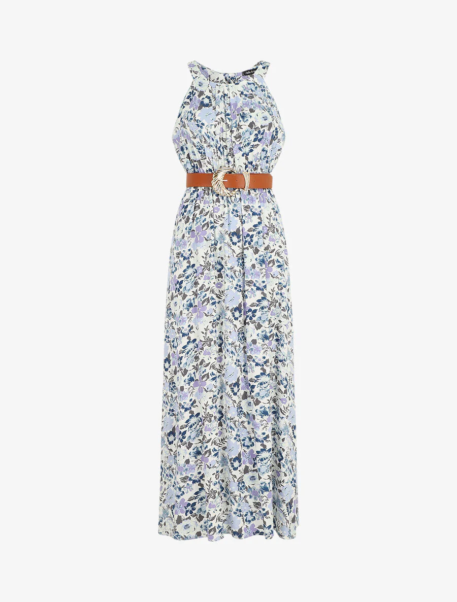 Robe longue empire à taille élastiquée - Bleu
