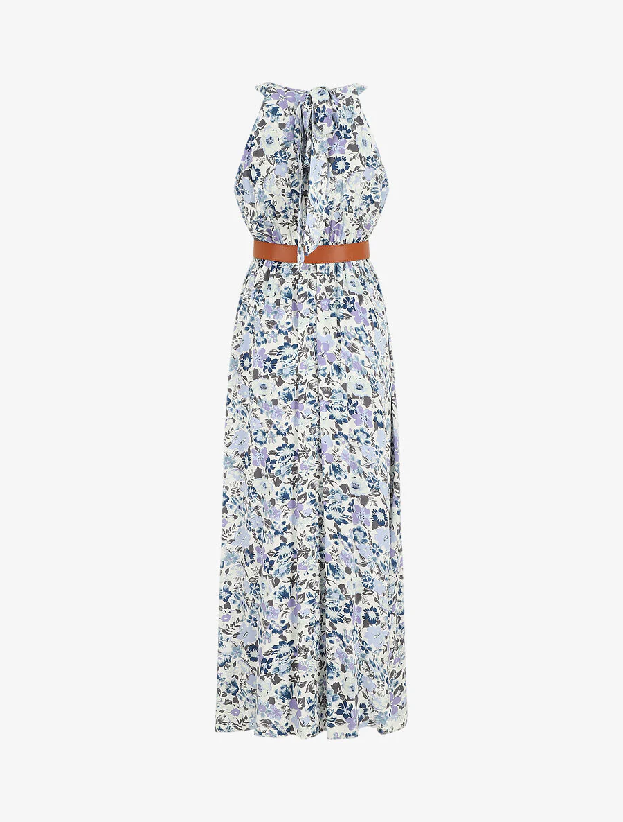 Robe longue empire à taille élastiquée - Bleu - Image 2