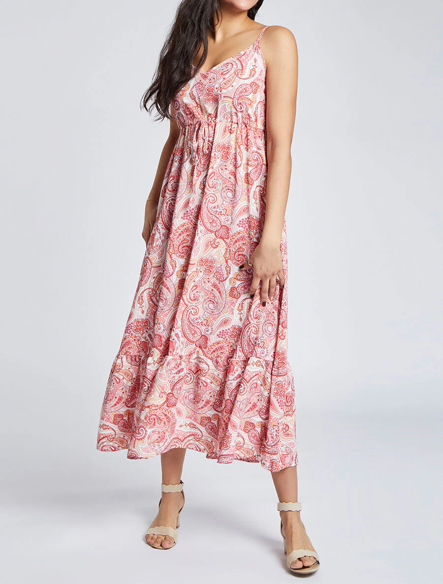 Robe longue empire imprimé cachemire à bretelles - Rose - Image 4