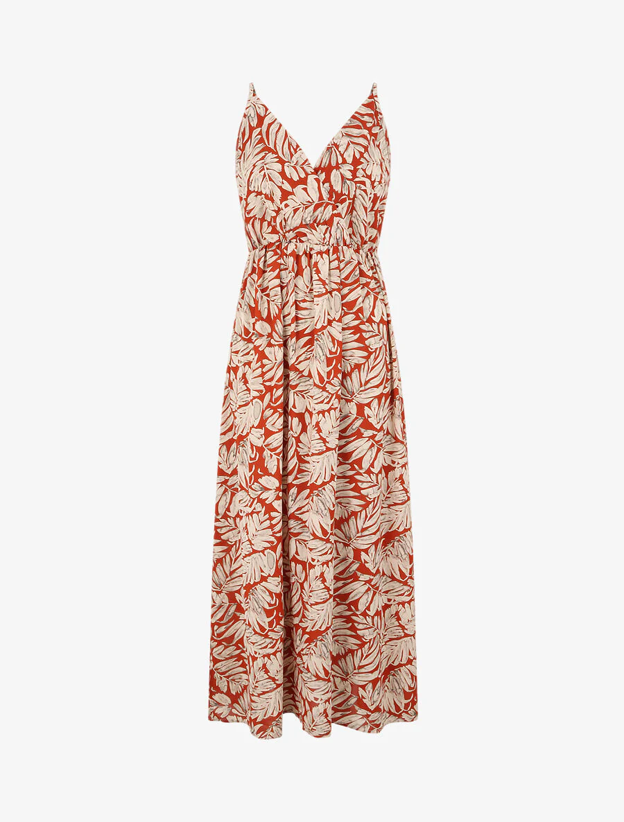 Robe longue empire imprimé feuillages à bretelles - Rouille
