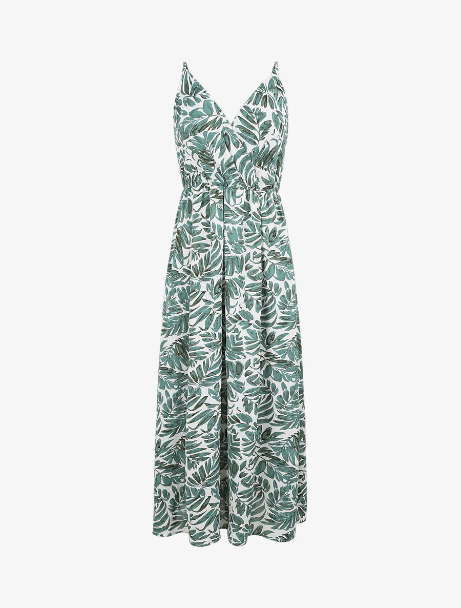 Robe longue empire imprimé feuillages à bretelles - Vert