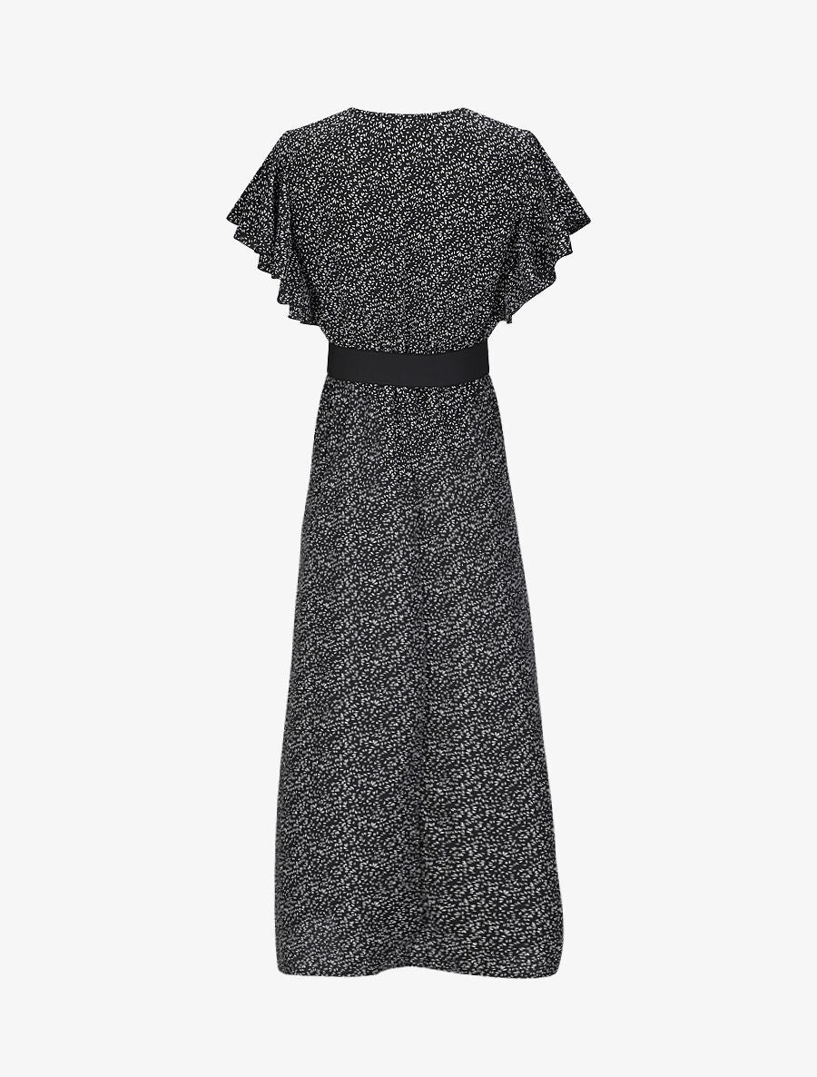 Robe longue empire imprimé fleurs à manches volantées - Noir - Image 2