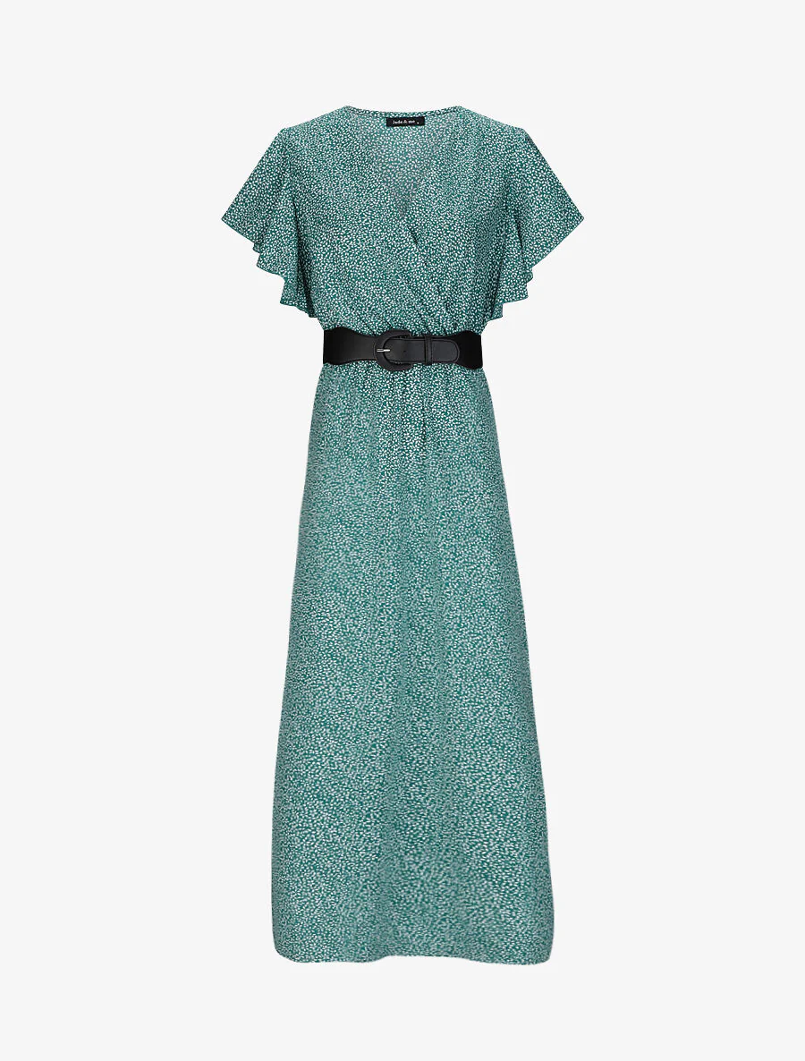 Robe longue empire imprimé fleurs à manches volantées - Vert